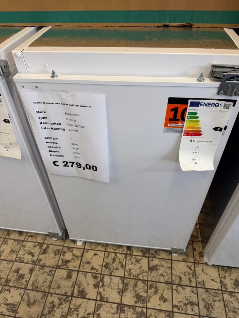 Bauknecht inbouw koelkast nis maat 88 cm deur op deur nieuw, 85 tot 120 cm, Zonder vriesvak, 100 tot 150 liter, Nieuw