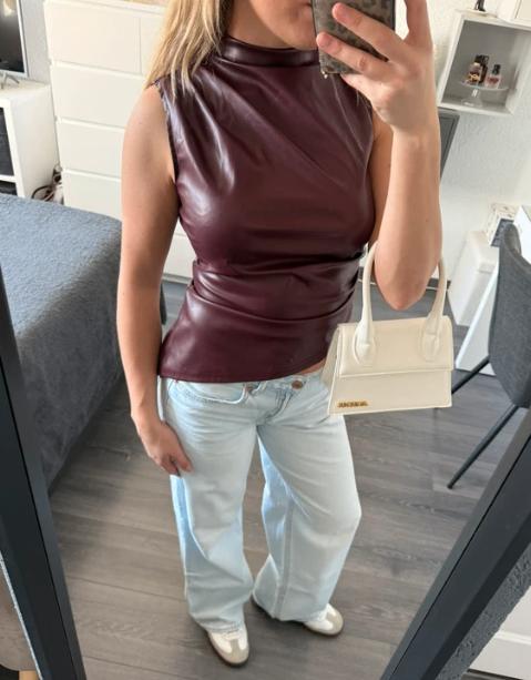 Bordeaux Faux Leren Topje, Kleding | Dames, Tops, Verzenden, Zo goed als nieuw, Rood, Maat 36 (S)