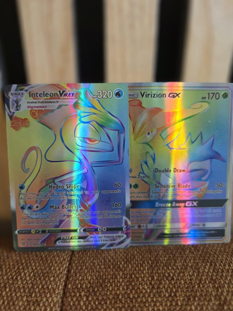 2 regenboog Pokémon kaarten: Virizion GX en Inteleon Vmax, Ophalen of Verzenden, Meerdere kaarten