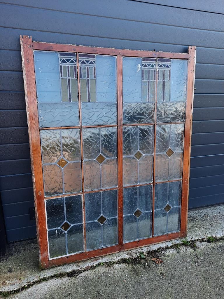 Frame met 12 glas in lood raampjes, Doe-het-zelf en Verbouw, Glas en Ramen, Ophalen, Gevelraam of Ruit, Gebruikt, Glas in lood