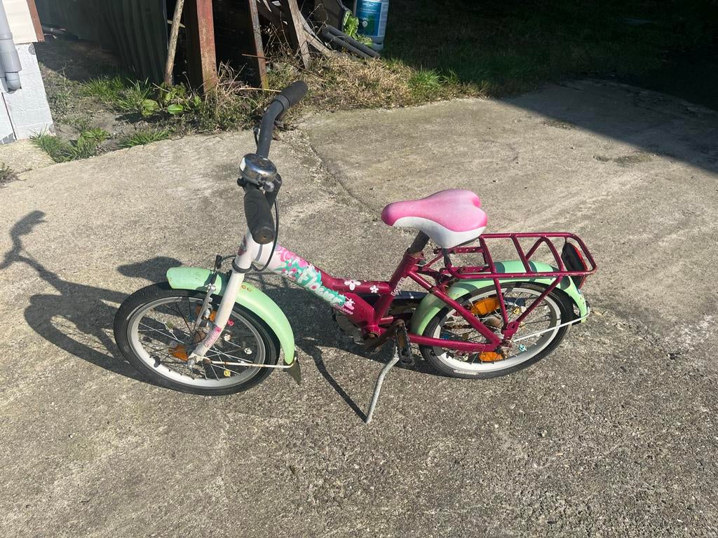 Kinderfiets 16 inch - Roze/Groen, Fietsen en Brommers, Fietsen | Kinderfietsjes, Ophalen, Gebruikt, 16 tot 20 inch, Zijwieltjes
