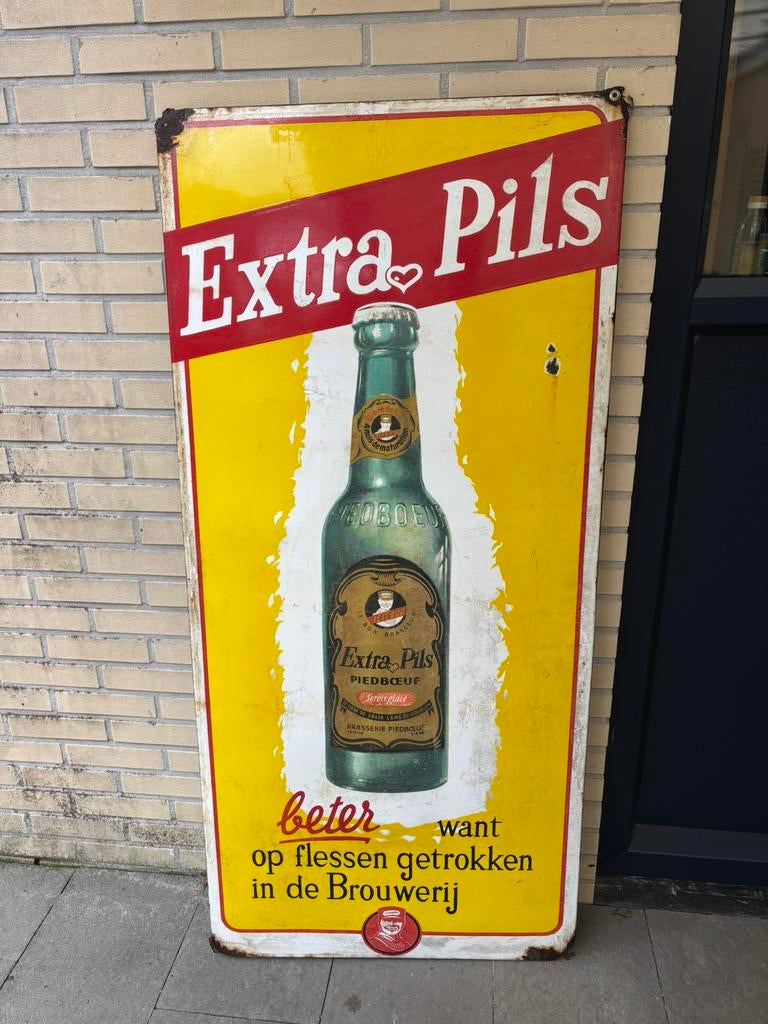 Emaille reclamebord Piedboeuf Extra Pils, Verzamelen, Merken en Reclamevoorwerpen, Ophalen, Gebruikt, Reclamebord