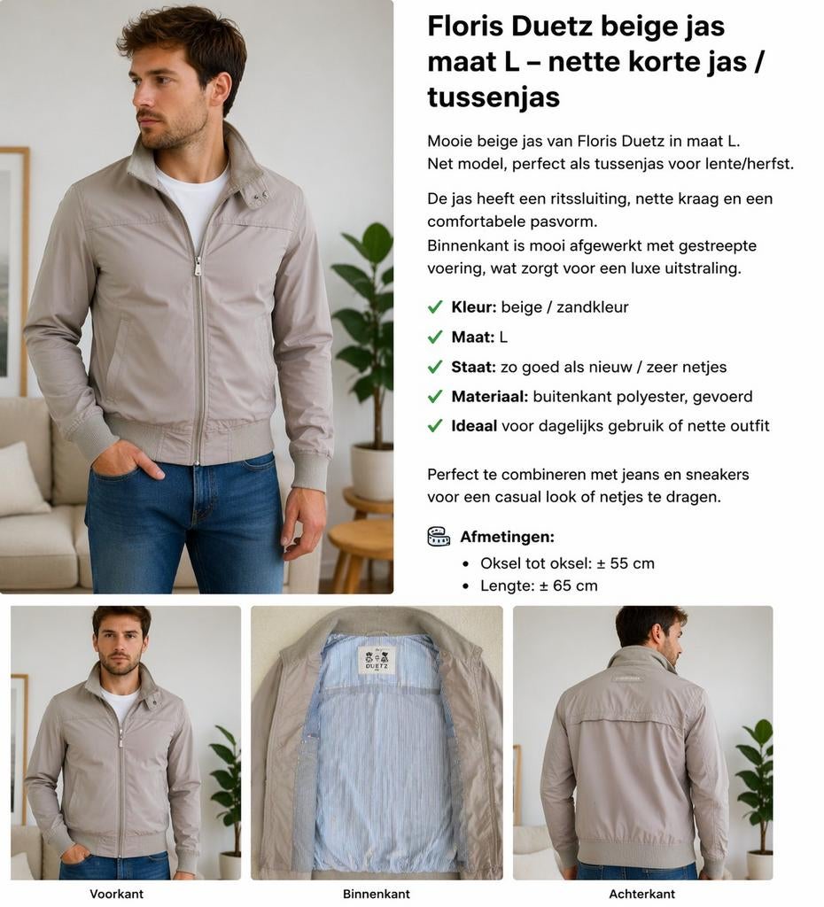 Floris Duetz beige jas maat L, Maat 52/54 (L), Beige, Floris van Bommel, Ophalen of Verzenden