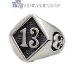 Ring Rvs Skull ring met zegel 13. doodskop zegelring dertien, 20 of groter, Heer, Nieuw, Zilver