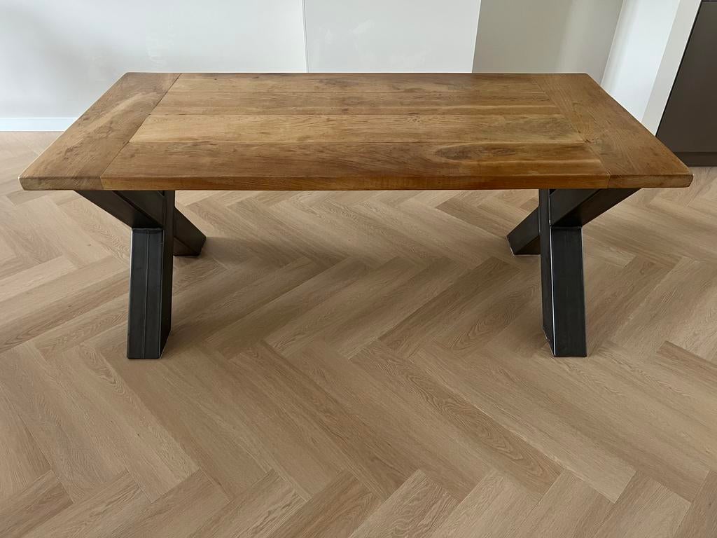 Houten tafel met stalen poten, Huis en Inrichting, Tafels | Salontafels, Zo goed als nieuw, Rechthoekig, 50 tot 100 cm, Ophalen of Verzenden