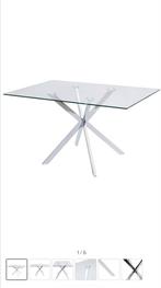 Moderne tafel met gehard glazen blad en zilveren onderstel, Ophalen, 100 tot 150 cm, 150 tot 200 cm, Vier personen