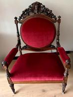 Antieke 'Queen chair' met rood fluwelen bekleding, Ophalen