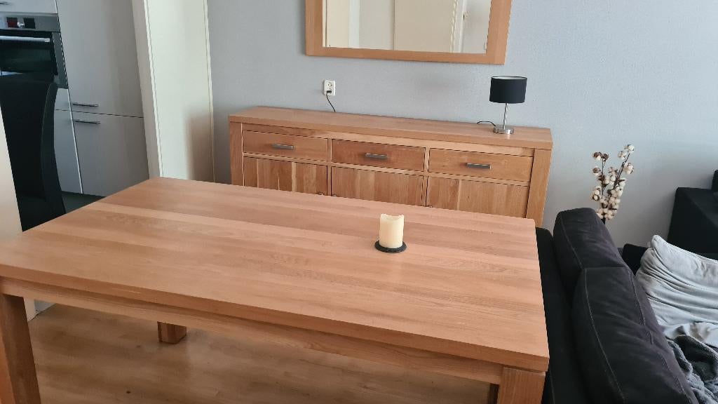 Lichteiken meubelset dressoir  spiegel eettafel salontafel, Ophalen, Met deur(en), 150 tot 200 cm, Eikenhout