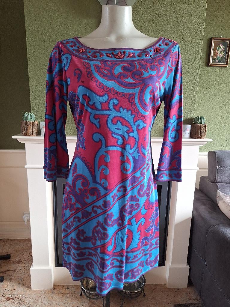 Hale Bob blauw paars roze boat neck jurk zijden M, Maat 38/40 (M), Knielengte, Gedragen, Hale Bob