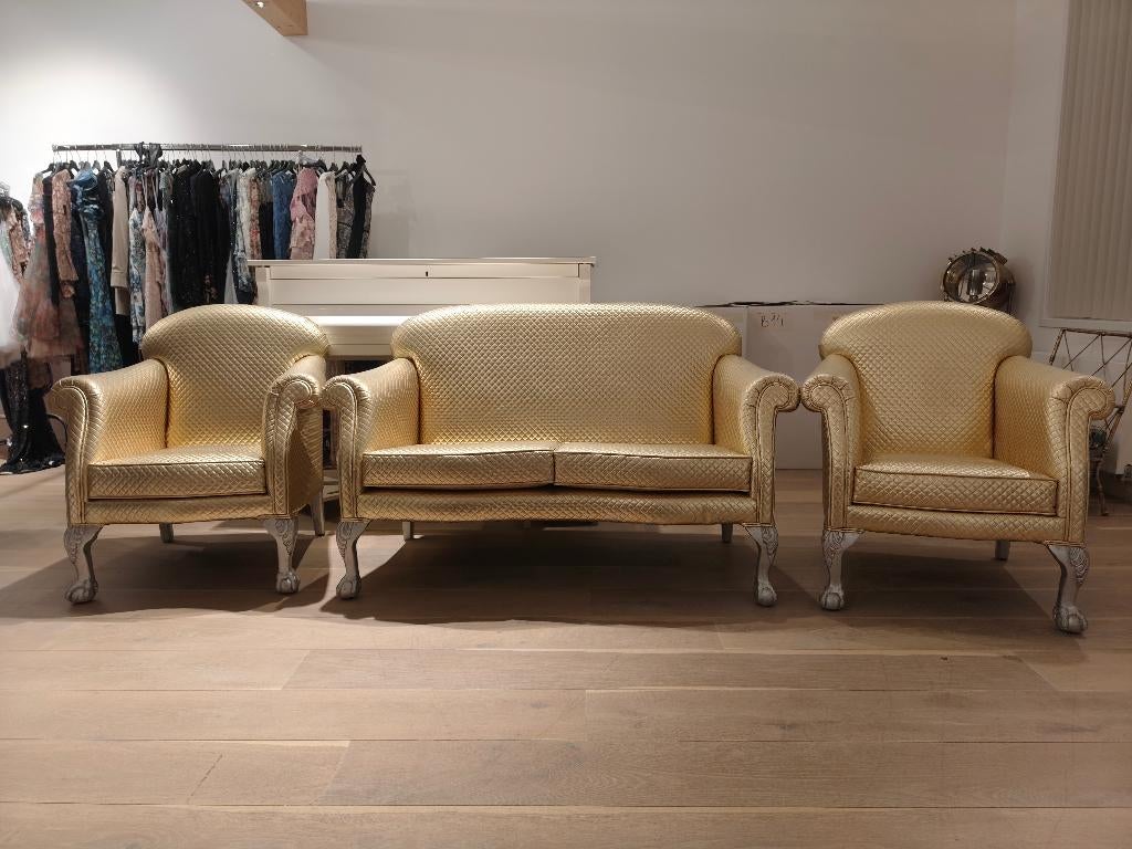 3-delige Goudkleurige zitset:, Huis en Inrichting, Banken | Bankstellen, Ophalen, Leer, 150 tot 200 cm, Zo goed als nieuw