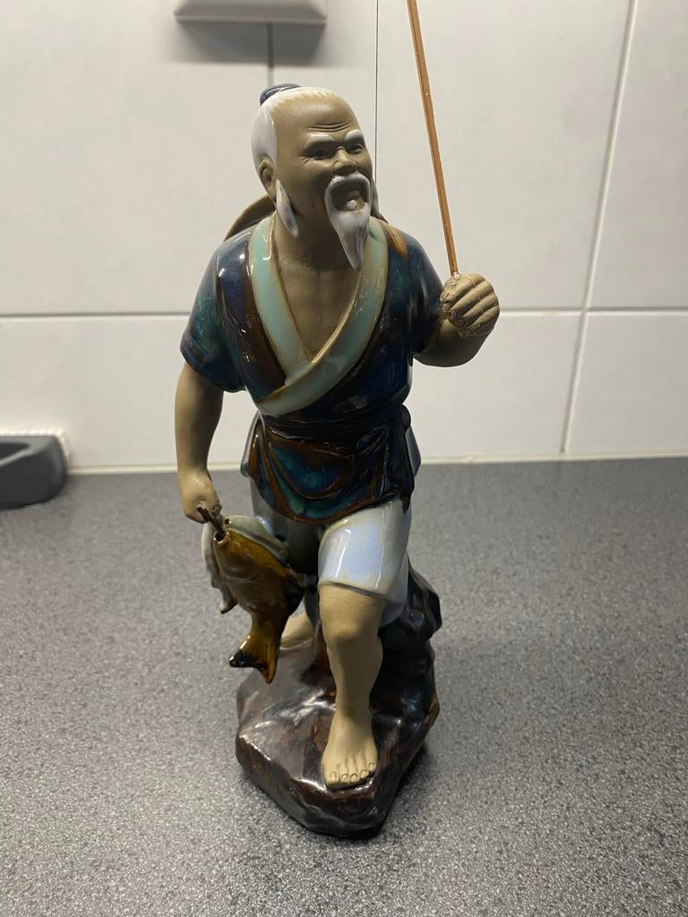 Vintage Chinese Visser Beeldje - Handgeschilderd Keramiek, Antiek en Kunst, Ophalen
