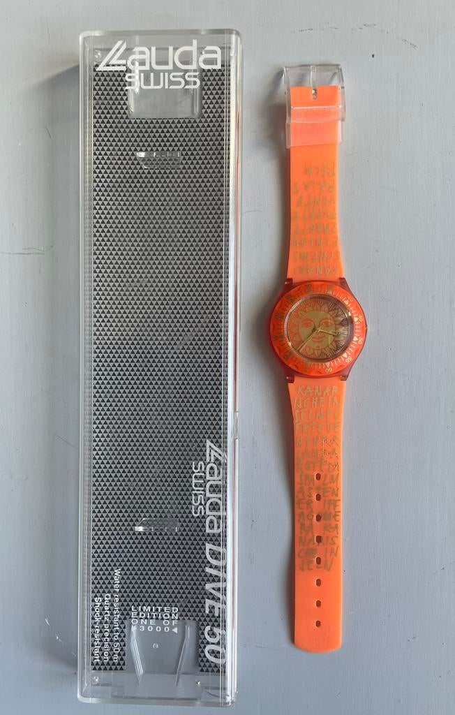 Horloge Lauda Swiss Air, met zonnemotief, 1994., Verzamelen, Merken en Reclamevoorwerpen, Ophalen of Verzenden, Nieuw, Gebruiksvoorwerp