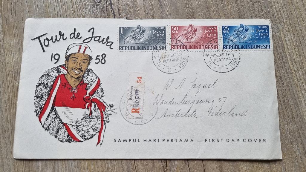 FDC Republik Indonesia Tour de Java 1958, Postzegels en Munten, Postzegels | Eerstedagenveloppen, Ophalen of Verzenden, Beschreven