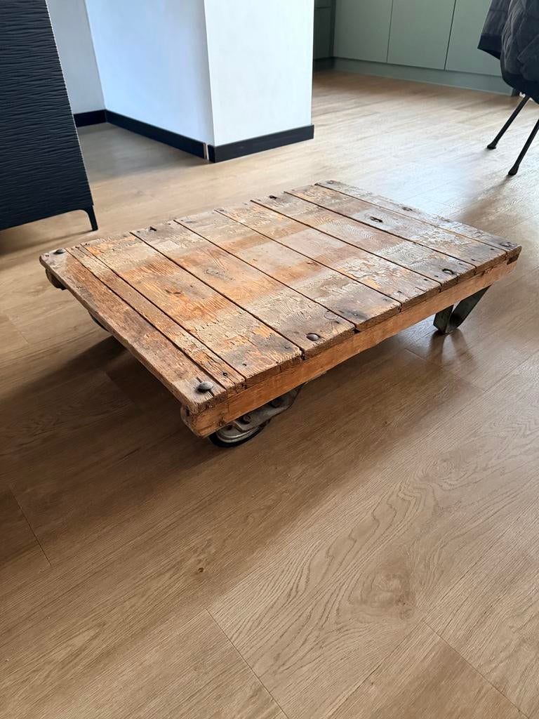 Stoere industriële palletwagen salontafel Loods 5, Ophalen, Gebruikt, 50 tot 100 cm, Minder dan 50 cm