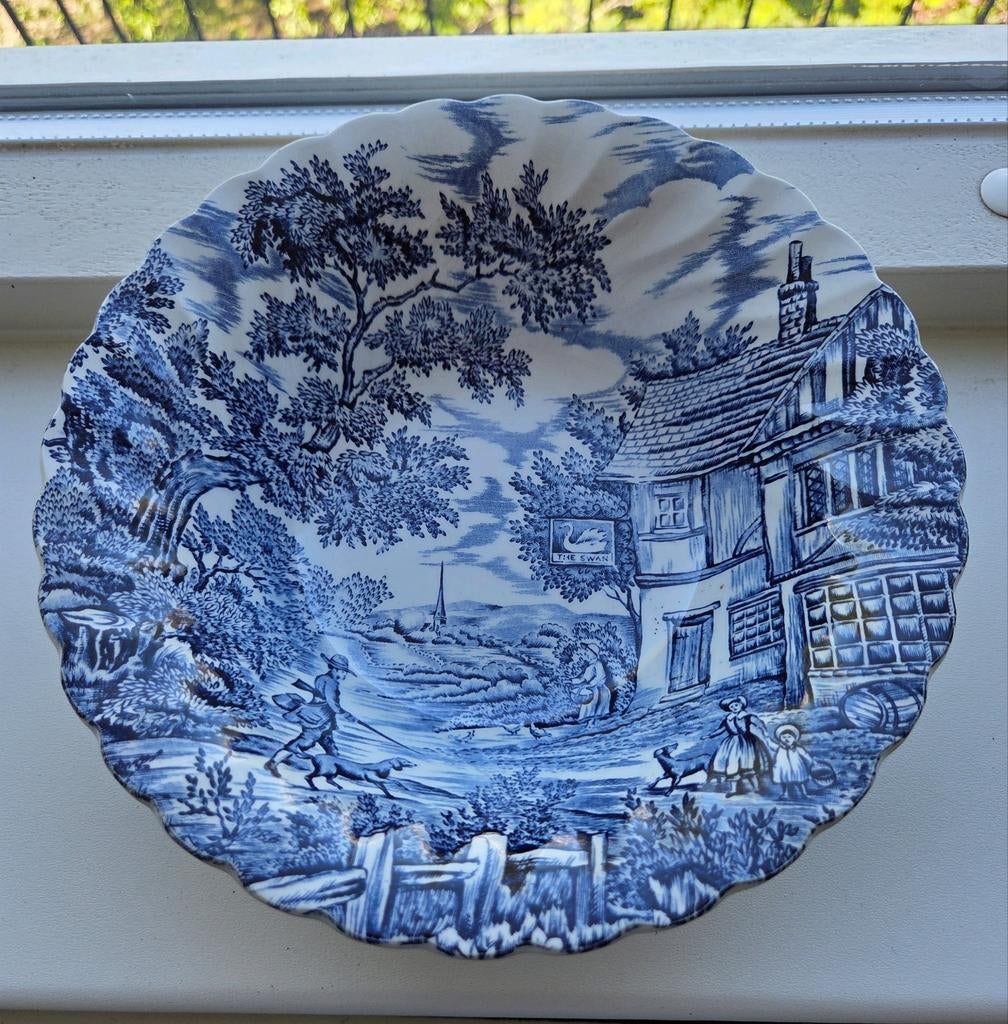 Antieke Myott The Hunter Schaal - Blauw en Wit Decor, Ophalen of Verzenden