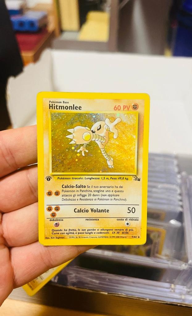 Hitmonlee 7/62 Holo 1st Edition Fossil Pokemon, Verzenden, Zo goed als nieuw, Losse kaart, Foil