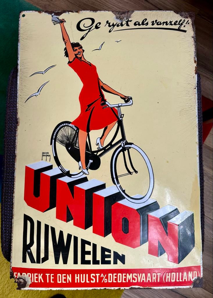 Vintage Union Rijwielen Emaille Reclamebord, Verzamelen, Ophalen, Gebruikt, Reclamebord