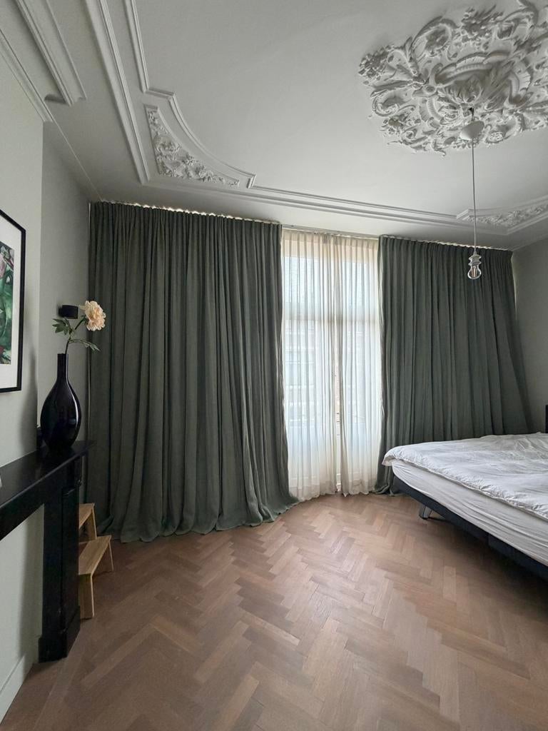 Zachtgroene linnen verduisterende gordijnen (301x508cm), Ophalen, Gebruikt, 200 cm of meer, 200 cm of meer