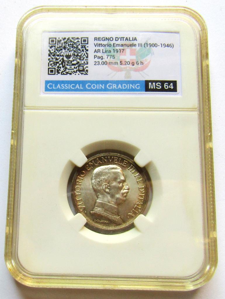 **  Prachtige 1 Lire 1917R - Zilver **  MS 64  in Slab  **, Verzenden, Italië, Losse munt, Zilver