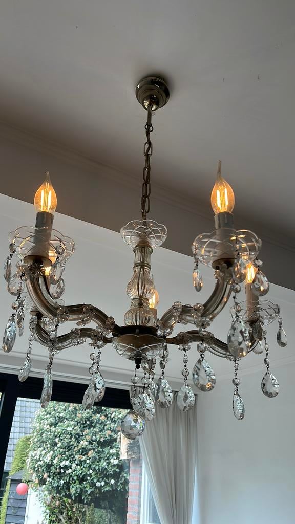 Kroonluchter 5 armen Brocante klassiek antiek, Ophalen, Zo goed als nieuw, Glas, Brocante landelijk klassiek