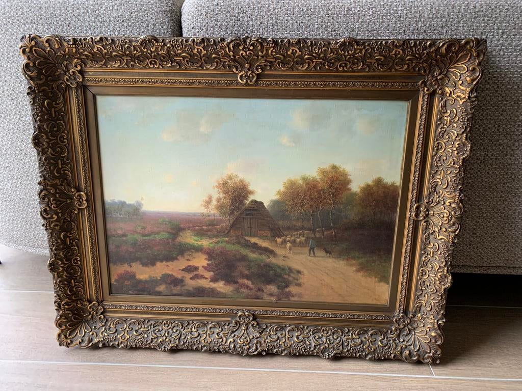 Oud schilderij: landschap met schapen (gesigneerd), Ophalen