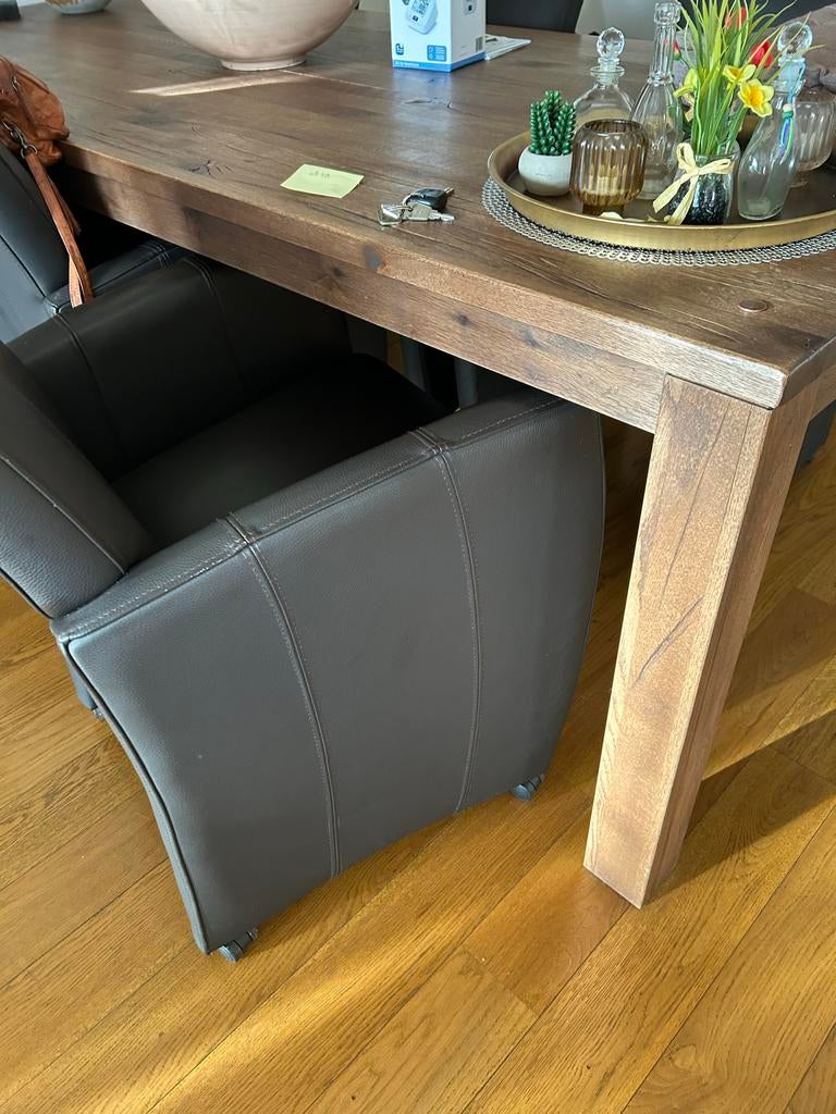 6 donkerbruine lederen eetkamerstoelen met wieltjes, Ophalen, Bruin, Klassiek, Leer