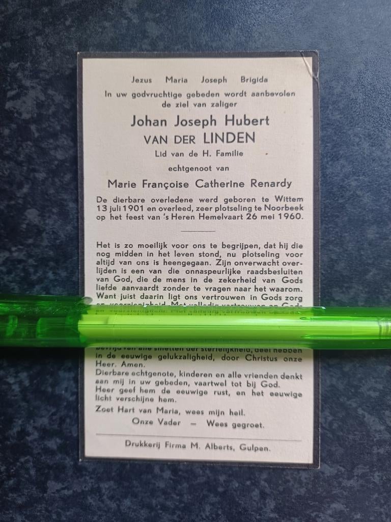 Bidprentje Wittem Noorbeek Johan vd Linden 1901 1960, Ophalen, Bidprentje