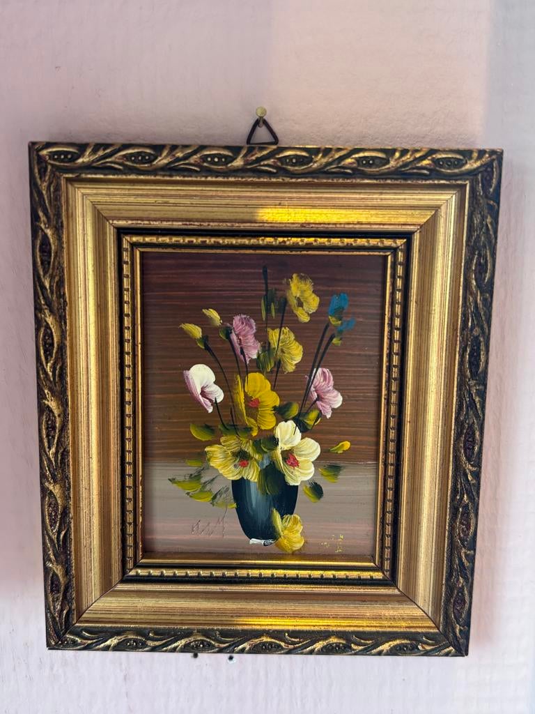 Vintage Mini Olieverf Schilderij Bloemen in Vaas, Antiek en Kunst, Kunst | Schilderijen | Klassiek, Ophalen of Verzenden