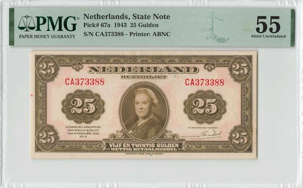 Nederland 25 Gulden 1943 Wilhelmina PMG55 EPQ, Postzegels en Munten, Bankbiljetten | Nederland, Ophalen of Verzenden, 25 gulden