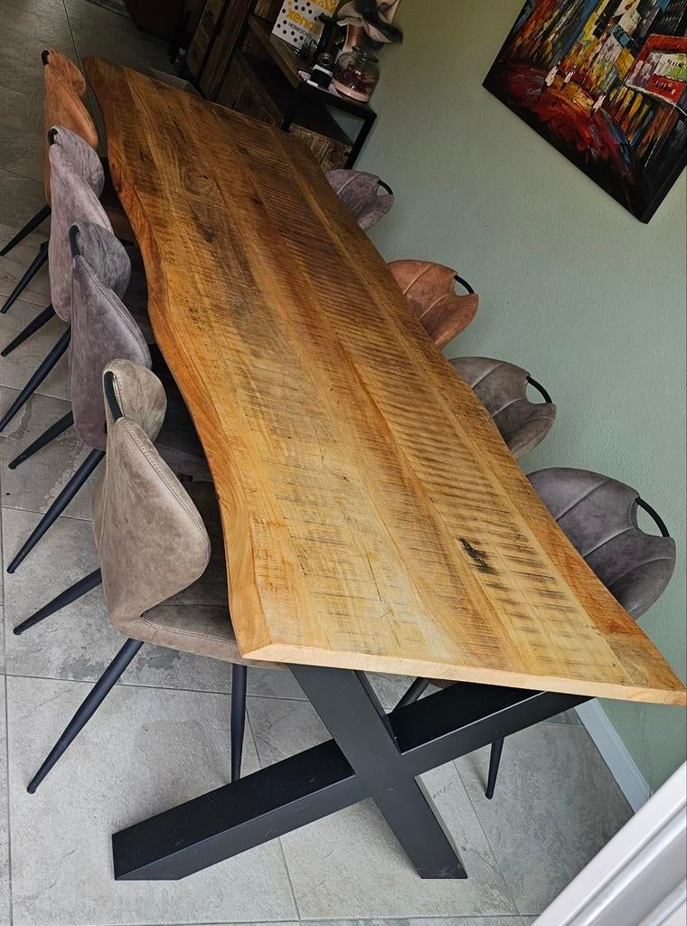 Luxe 300 cm mangohouten eettafel + 8 stoelen | Complete set, Huis en Inrichting, Tafels | Eettafels, Ophalen, 200 cm of meer, 50 tot 100 cm