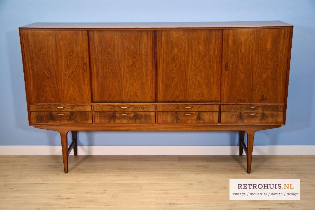 Deens highboard dressoir palissander vintage 1960s retro, Huis en Inrichting, Kasten | Dressoirs, Gebruikt, 25 tot 50 cm, Ophalen