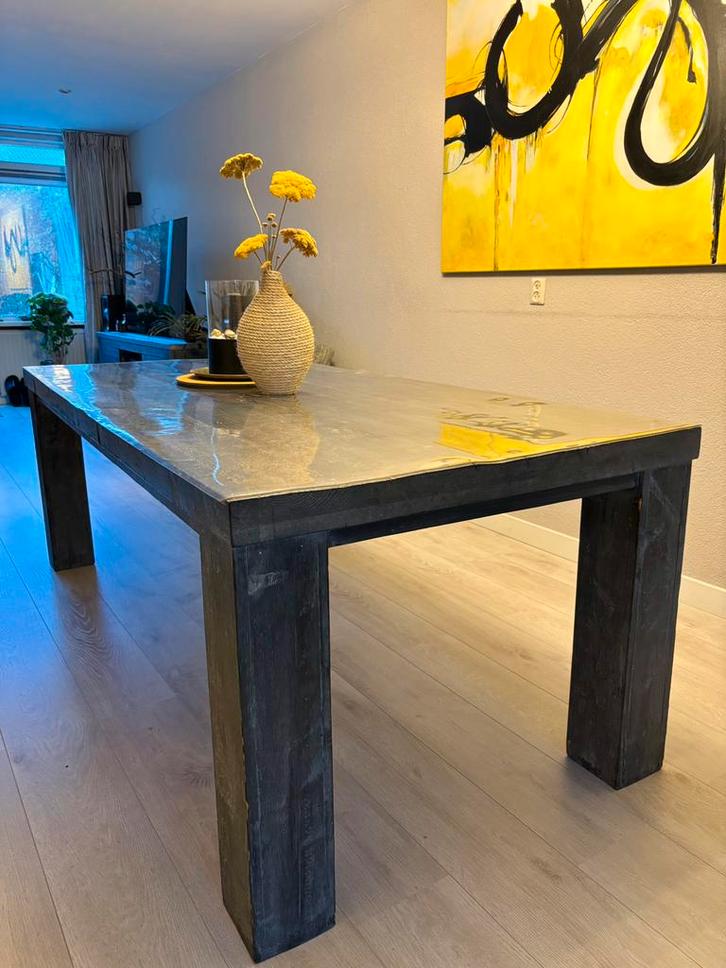 Eettafel hout robust grijs 220*100, Huis en Inrichting, Tafels | Eettafels, Zo goed als nieuw, 50 tot 100 cm, 200 cm of meer, Rechthoekig