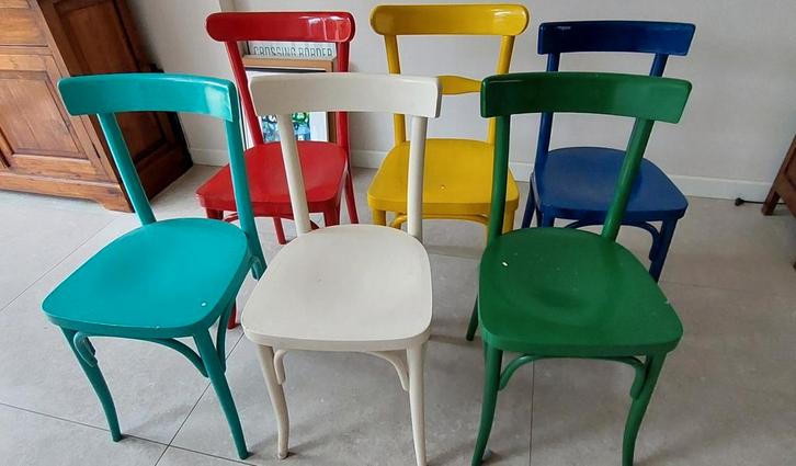 6 Kleurrijke Caféstoelen, Huis en Inrichting, Stoelen, Gebruikt, Vier, Ophalen