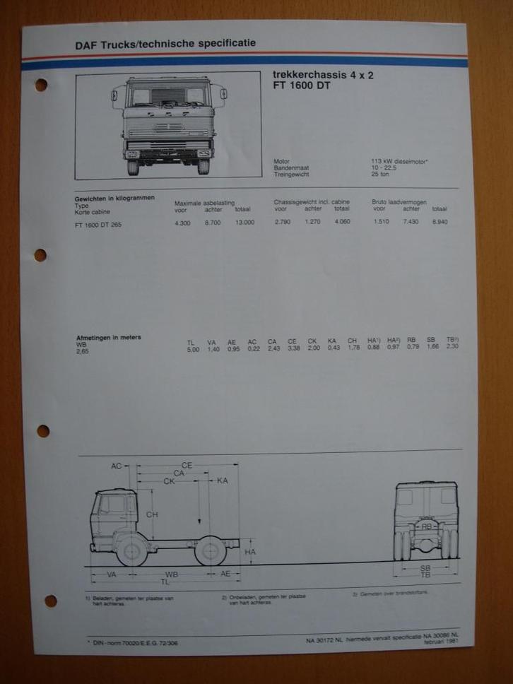 DAF FT 1600 DT Technische Specificatie Folder 1981 - 4x2, Boeken, Auto's | Folders en Tijdschriften, Zo goed als nieuw, Overige merken