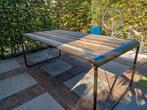 Eettafel metaal en teak, Ophalen, Gebruikt, 200 cm of meer, 50 tot 100 cm