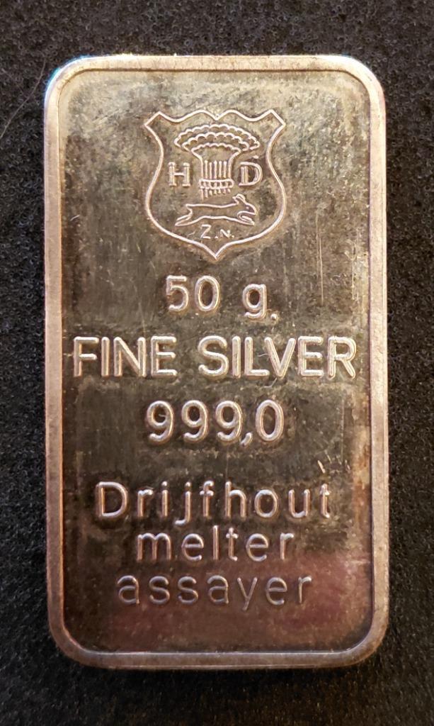 50 gram Zilverbaar – 999 Fijnzilver (Drijfhout, HD ZN), Postzegels en Munten, Edelmetalen en Baren, Zilver, Ophalen
