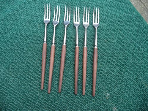 vintage fondue vorken teakhout midcentry 6x, Huis en Inrichting, Keuken | Bestek, Zo goed als nieuw, Bestekset, Hout, Ophalen of Verzenden