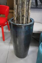 Geglazuurde aardewerk bloempot met bamboestokken decoratie, Tuin en Terras, Bloempotten, Ophalen, Rond, Binnen, Zo goed als nieuw