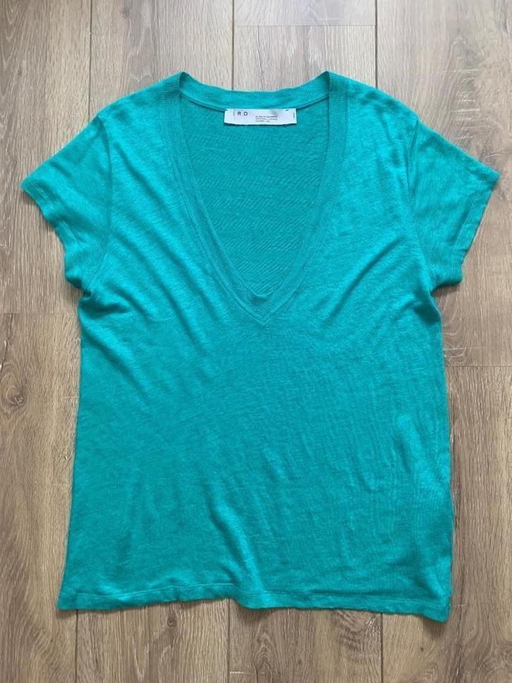 Iro t-shirt v- hals linnen groen blauw L= M/38 - L/40, Kleding | Dames, T-shirts, Zo goed als nieuw, Maat 38/40 (M), Groen, Korte mouw