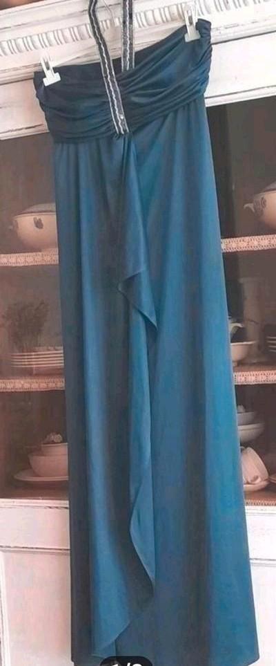 Vintage rafblauwe satijnen halter avond/gala jurk L 42, Kleding | Dames, Gelegenheidskleding, Zo goed als nieuw, Galajurk, Maat 42/44 (L)