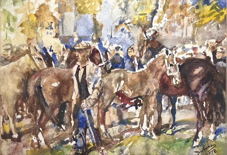 Aquarel Erasmus Bernhard van Dulmen Krumpelman, paardenmarkt, Antiek en Kunst, Kunst | Schilderijen | Klassiek, Ophalen of Verzenden