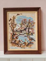 Vintage geborduurd winterlandschap met vogel 34-42 cm, Ophalen, Minder dan 50 cm, Zo goed als nieuw, Schilderij
