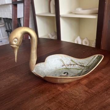 Uniek vintage Cloisonné zwaan sieradenschaaltje met tekening beschikbaar voor biedingen