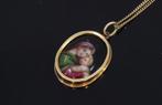 Moeder en Kind 14k gouden antieke ketting hanger porselein, Ophalen of Verzenden, Goud, Hanger, Met edelsteen