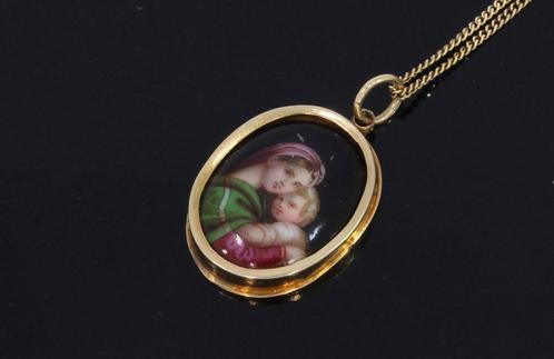 Moeder en Kind 14k gouden antieke ketting hanger porselein, Sieraden, Tassen en Uiterlijk, Antieke sieraden, Hanger, Goud, Met edelsteen