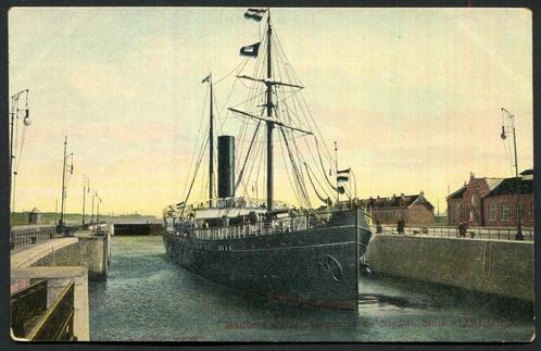 Mailboot Prins Maurits in de nieuwe sluis , IJmuiden + 1905, Verzamelen, Scheepvaart, Zo goed als nieuw, Kaart, Foto of Prent