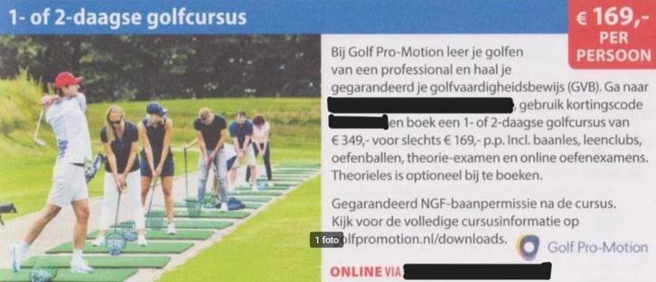 1- of 2-daagse golfcursus € 180,- kortingscode p.p., Tickets en Kaartjes, Kortingen en Cadeaubonnen, Overige typen, Kortingsbon