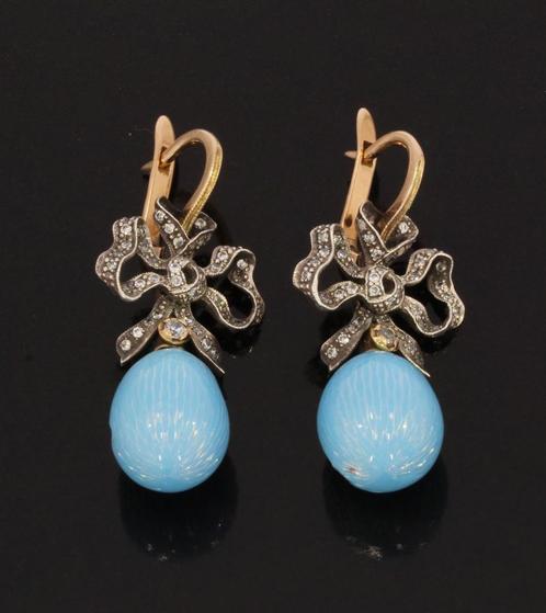 Russich ei 14k gouden emaille faberge stijl oorbellen antiek, Sieraden, Tassen en Uiterlijk, Antieke sieraden, Oorbellen, Goud