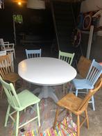 6 kleurrijke houten stoelen, 2 geolied, 2 blauw, 2 groen, Vijf, Zes of meer stoelen, Gebruikt, Vintage, Ibiza look, Hout