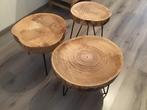 Houten bijzettafels met metalen onderstel, Ophalen, Gebruikt, Rond, Hout